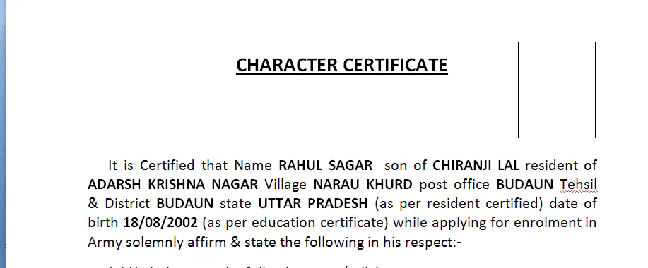 character certificate format